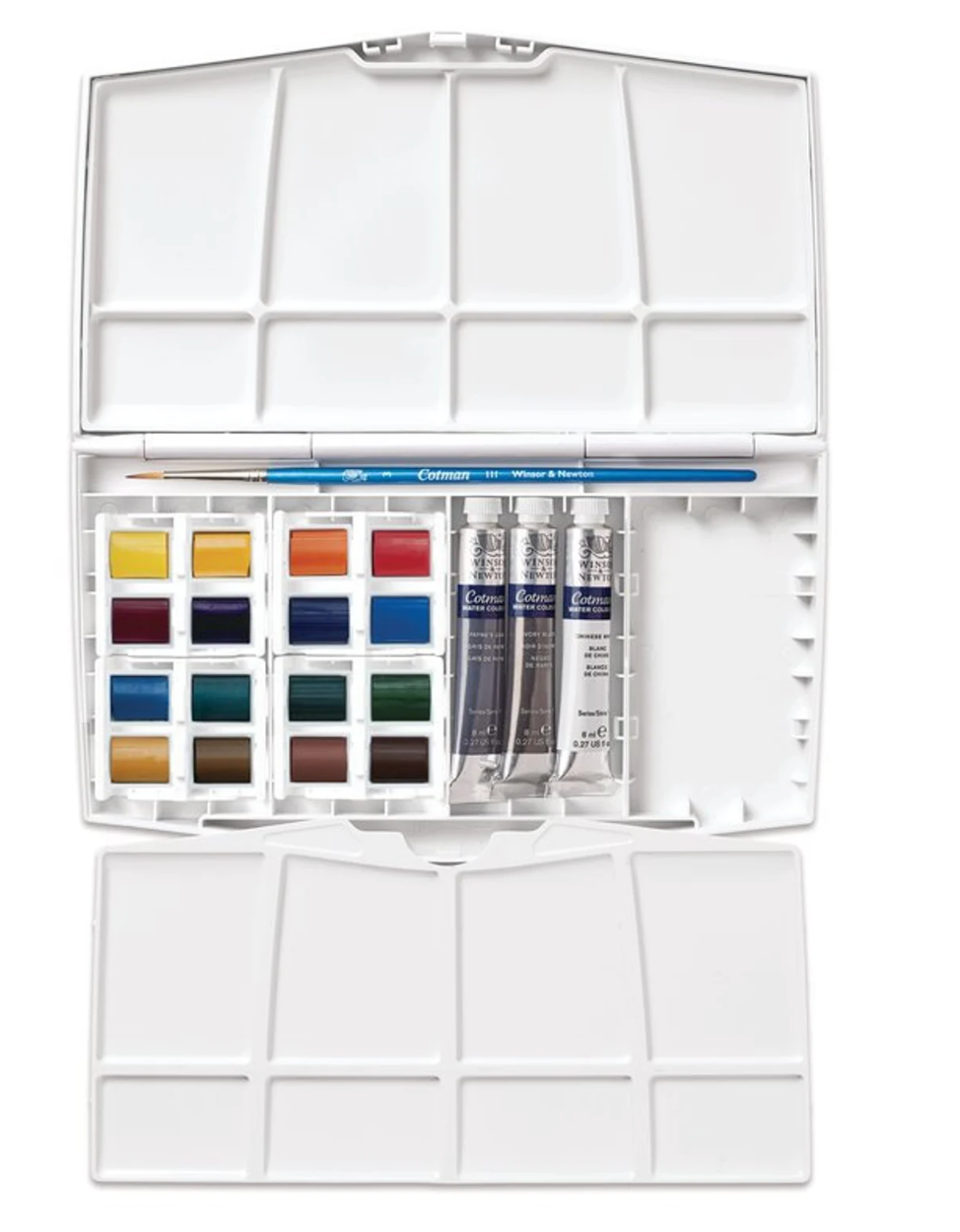 Acuarela Winsor & Newton Cotman 16 medias pastillas + 3 tubos de 8ml en caja plástica de viaje