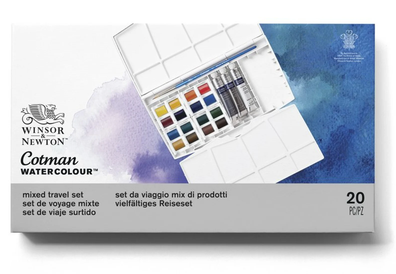 Acuarela Winsor & Newton Cotman 16 medias pastillas + 3 tubos de 8ml en caja plástica de viaje